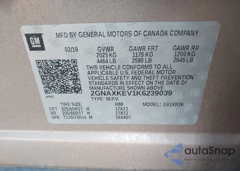 2019 Chevrolet Equinox Lt из США, поврежденный, VIN 2GNAXKEV1K6239039